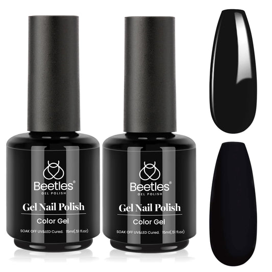 Beetles black gel front bottles showing pure black pigment and professional finish