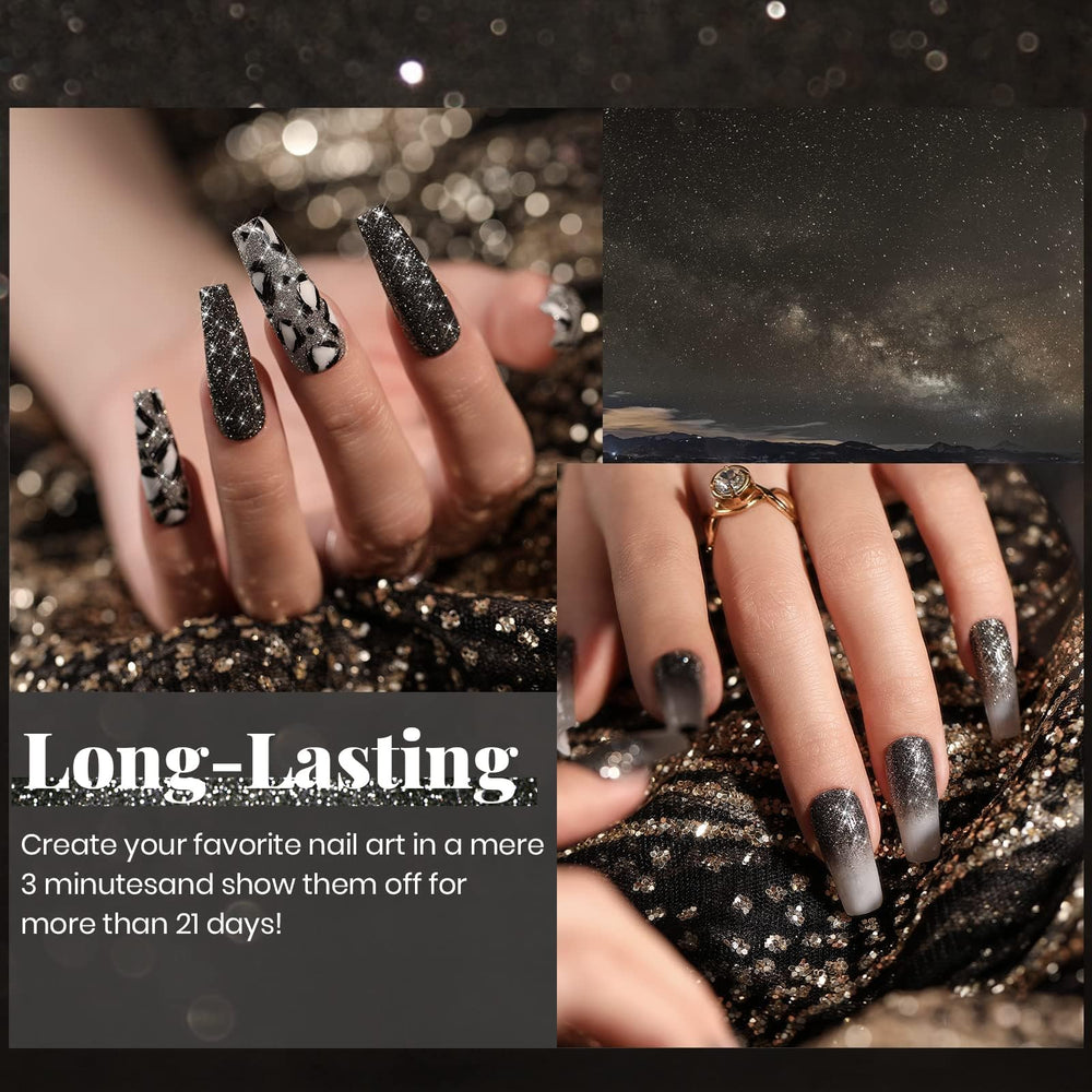 beetles swatch on nail tip demonstrating deep black sparkle finish