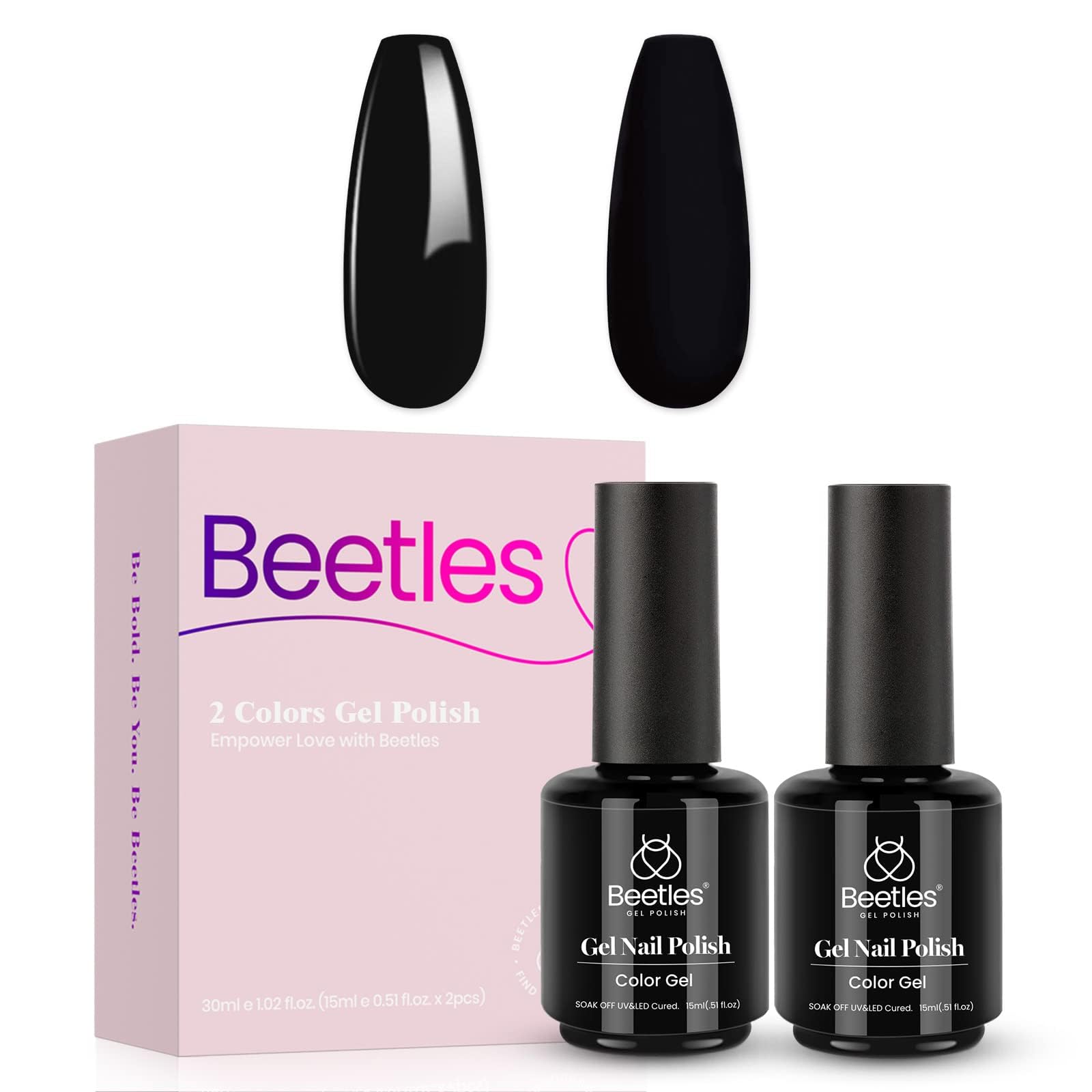 Beetles black gel 15ml bottle beside ruler to show true size and travel-friendly volume