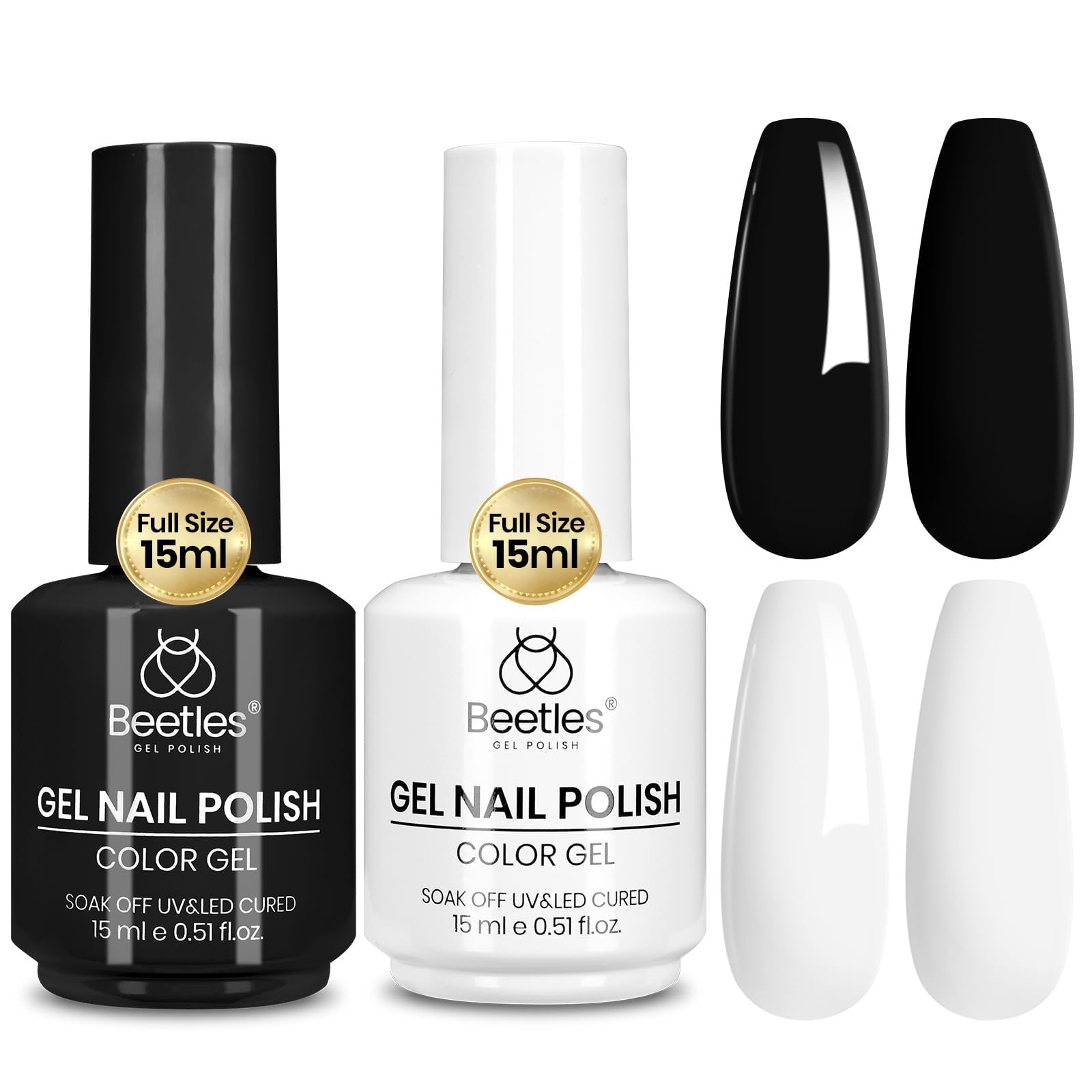 Beetles Gel Polish front packaging showing both black and white bottles and benefits