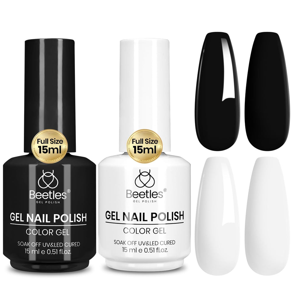 Beetles Gel Polish front packaging showing both black and white bottles and benefits
