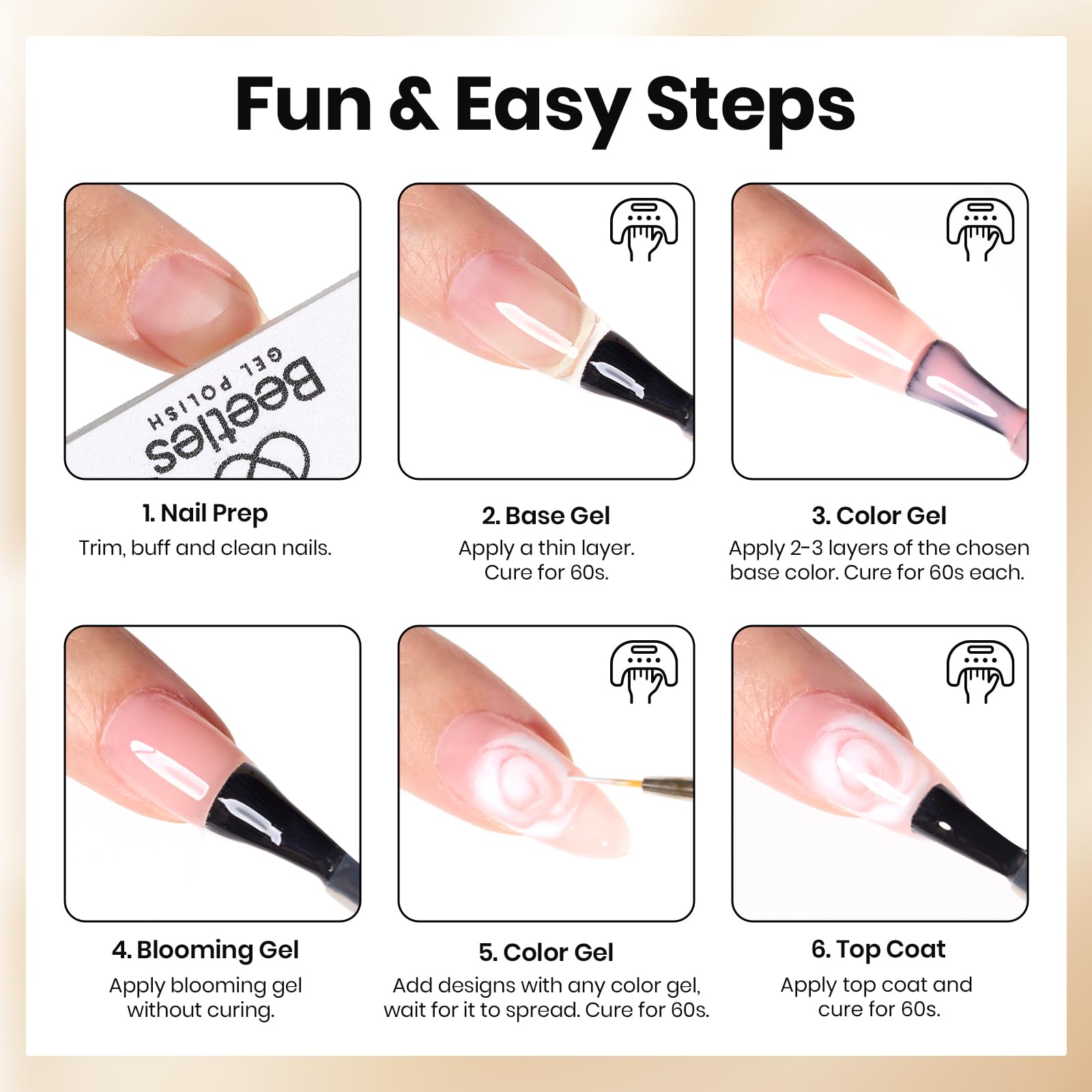 At-home manicure setup with Beetles Blooming Gel showing quick DIY results