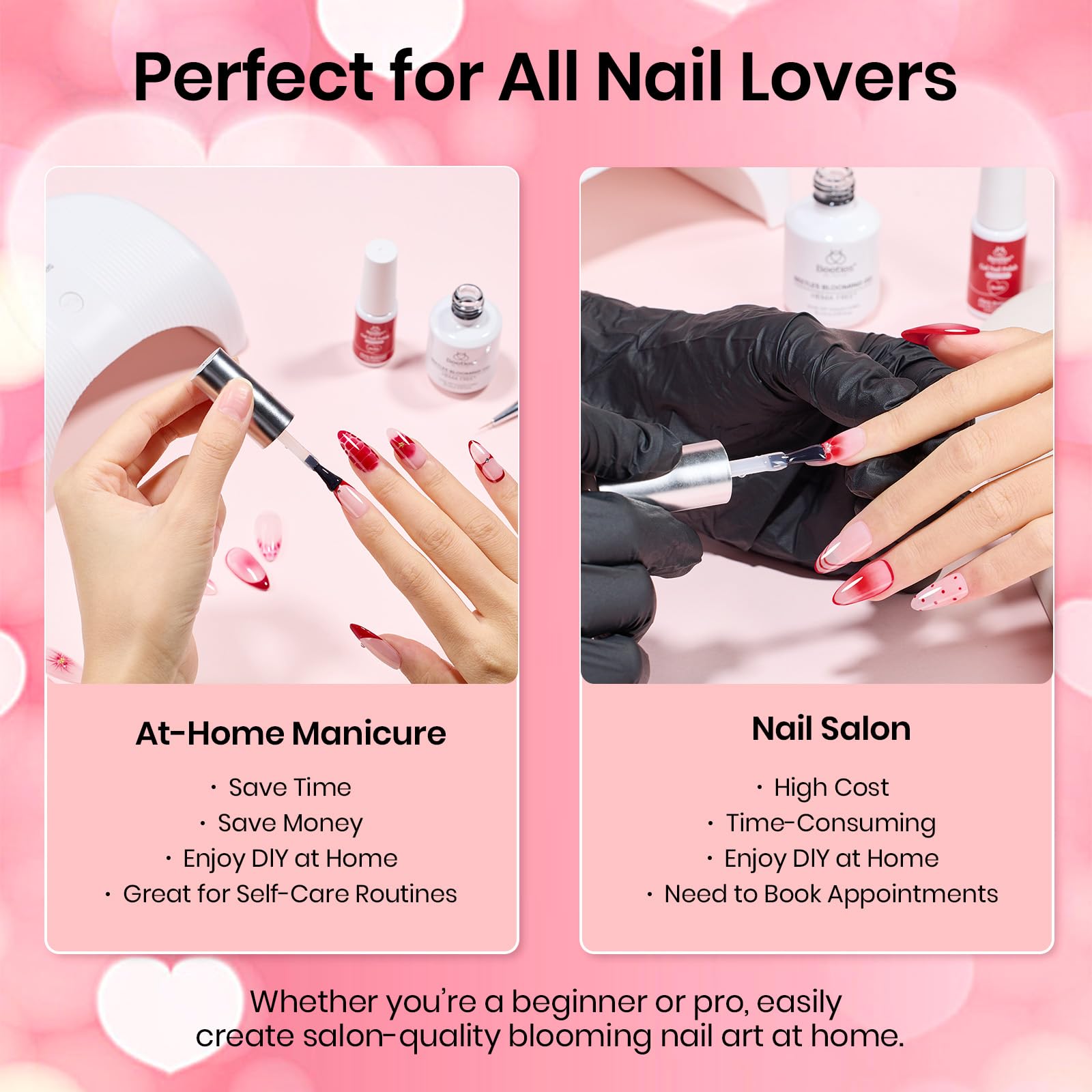 Salon workstation with Beetles Blooming Gel showing professional DIY results