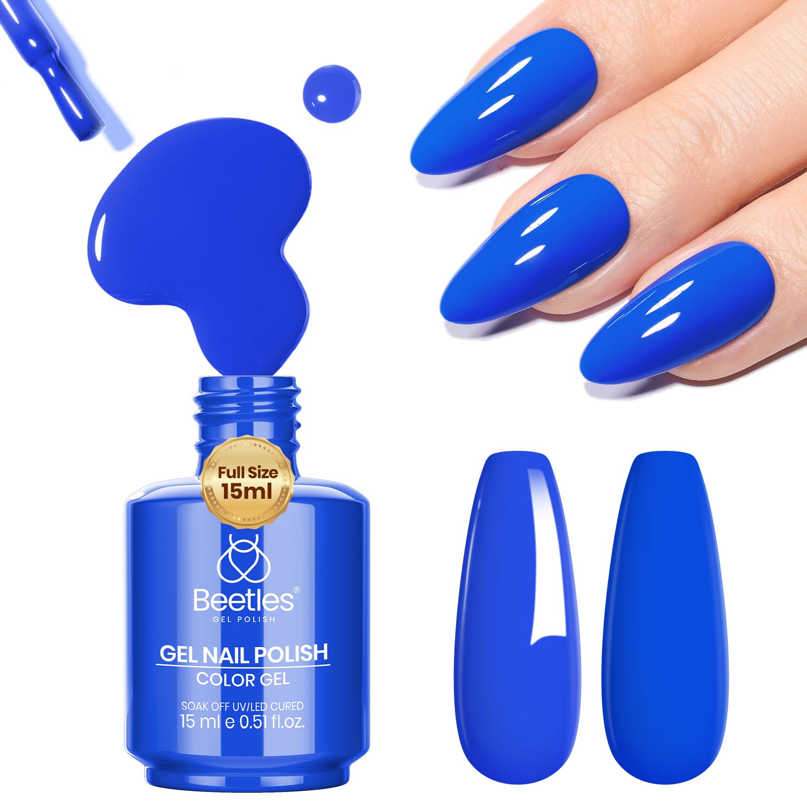 Beetles bottle front showing royal blue color and clear view for shade selection benefit