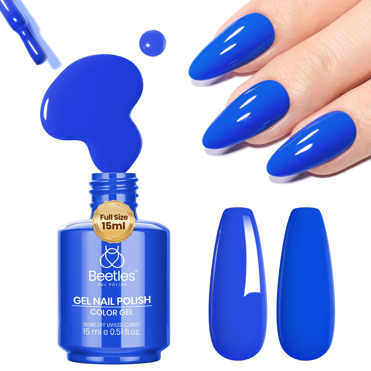 Beetles bottle front showing royal blue color and clear view for shade selection benefit