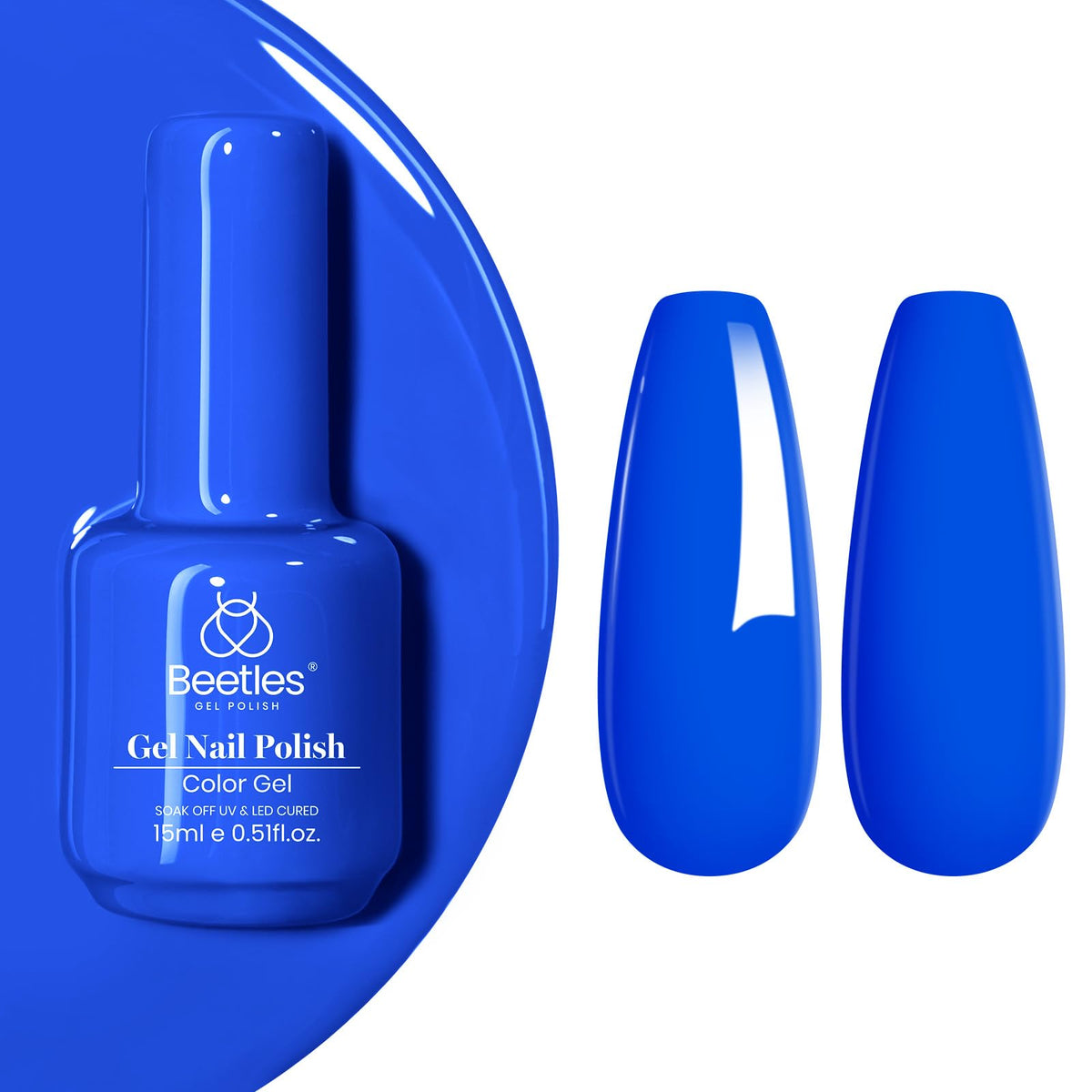 Beetles Gel Polish front bottle showing bright electric blue shade and label benefit