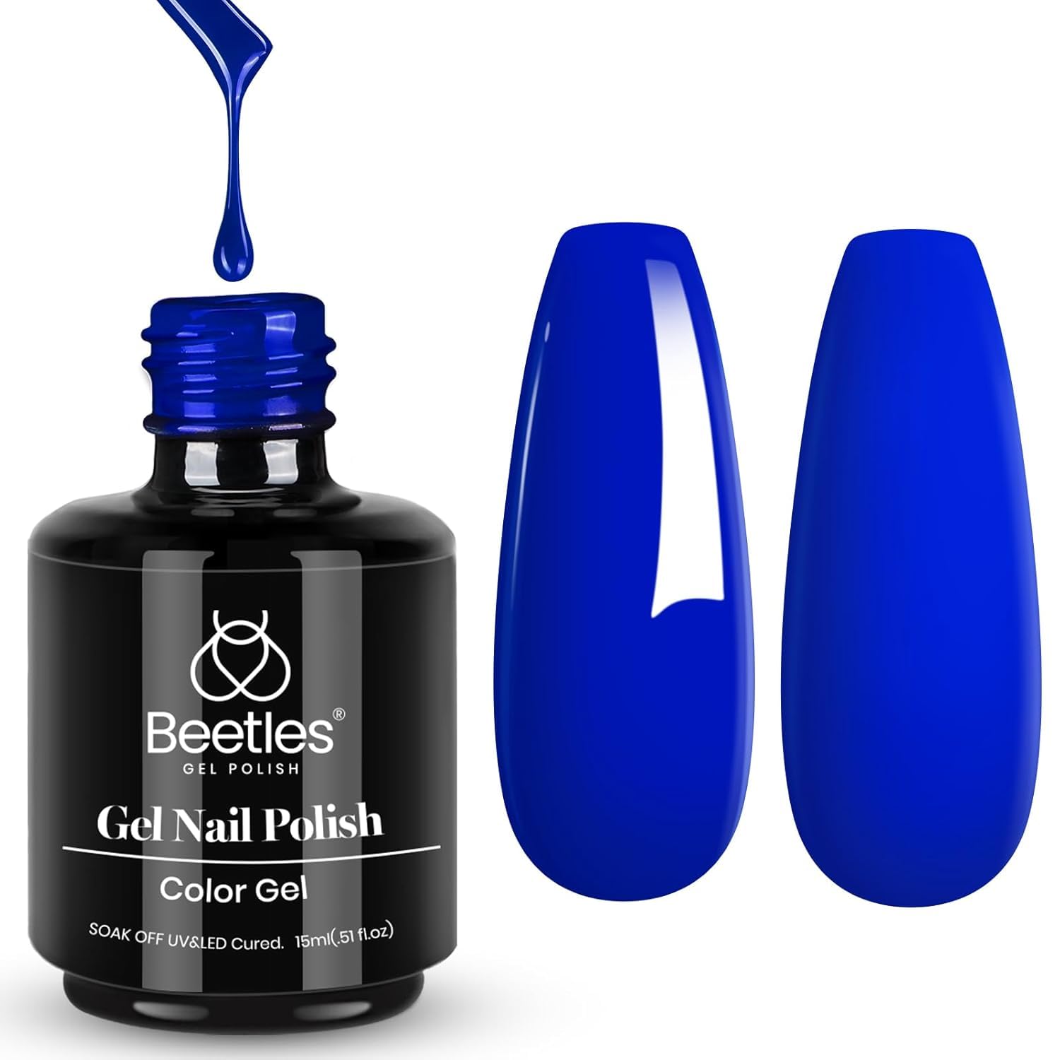Beetles Gel Polish front packaging showing Sapphire Love color and bottle benefit long-wear