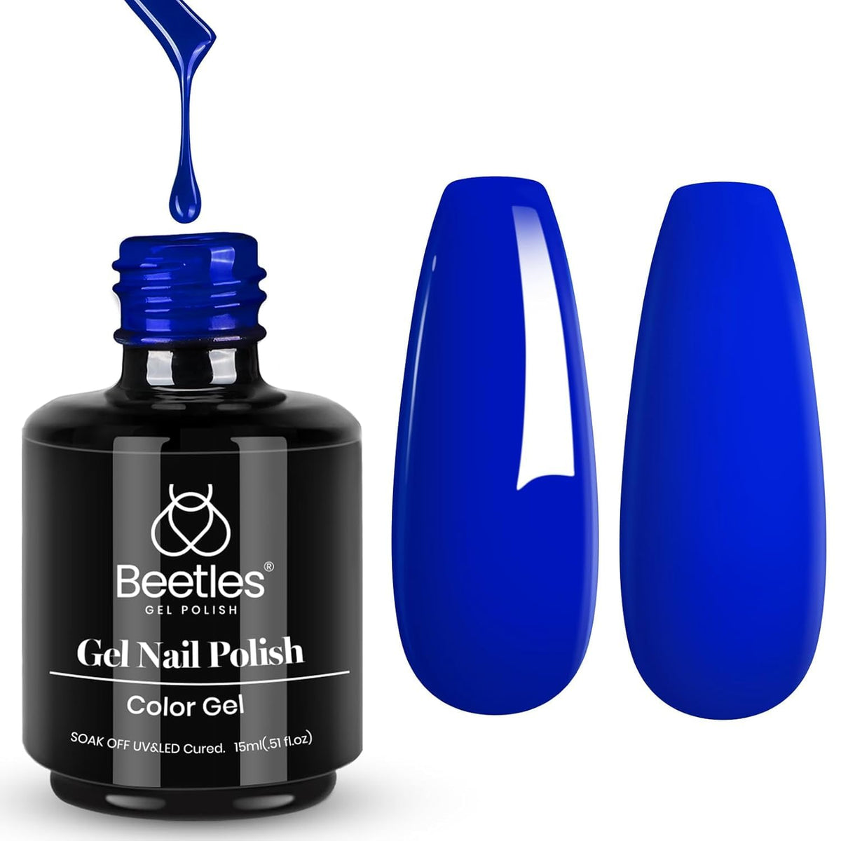 Beetles Gel Polish front packaging showing Sapphire Love color and bottle benefit long-wear