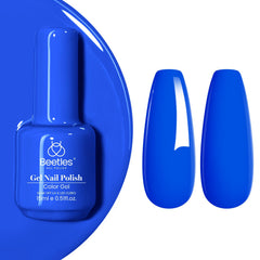 Beetles Gel Polish front bottle showing bright electric blue shade and label benefit