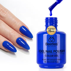 beetles blue gel polish bottle label detail emphasizing color-matched packaging benefit