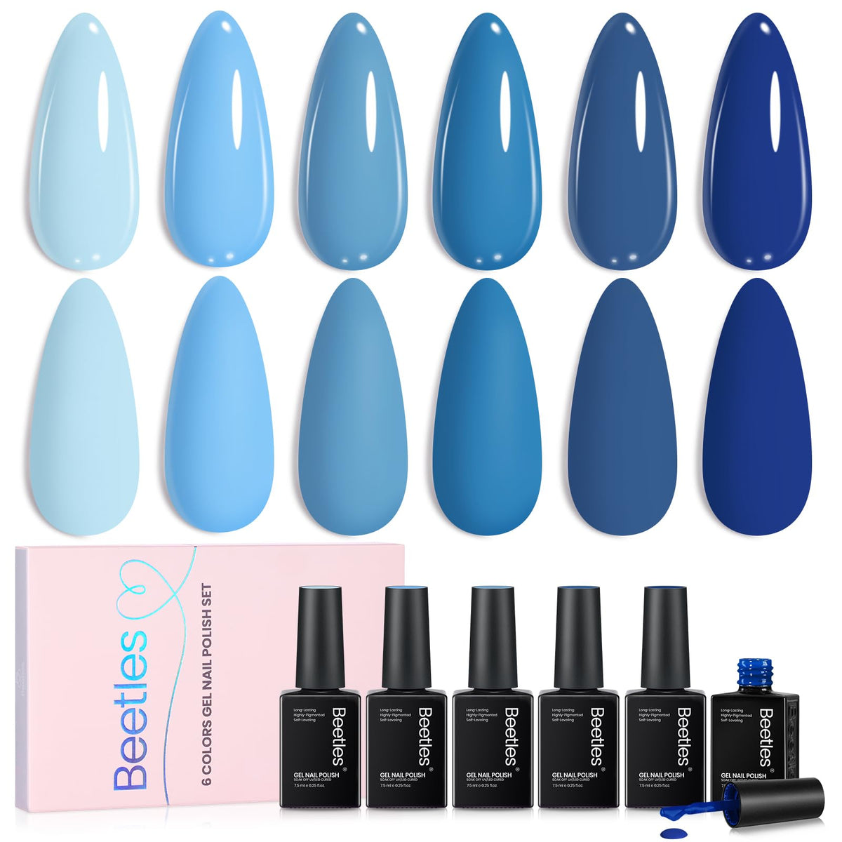 Beetles front packaging showing six ocean blue gel polish bottles and brand