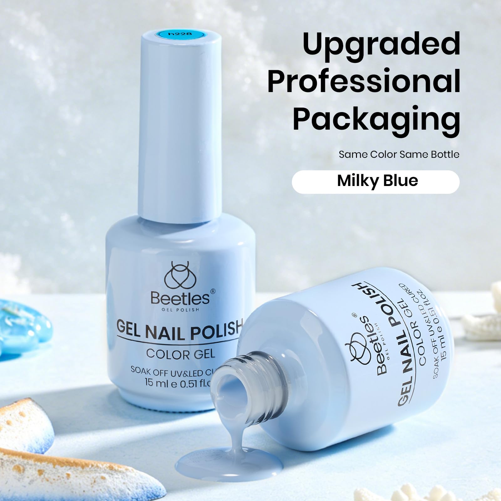 Beetles on manicured hands displaying chic baby-blue look for events