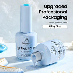 Beetles on manicured hands displaying chic baby-blue look for events