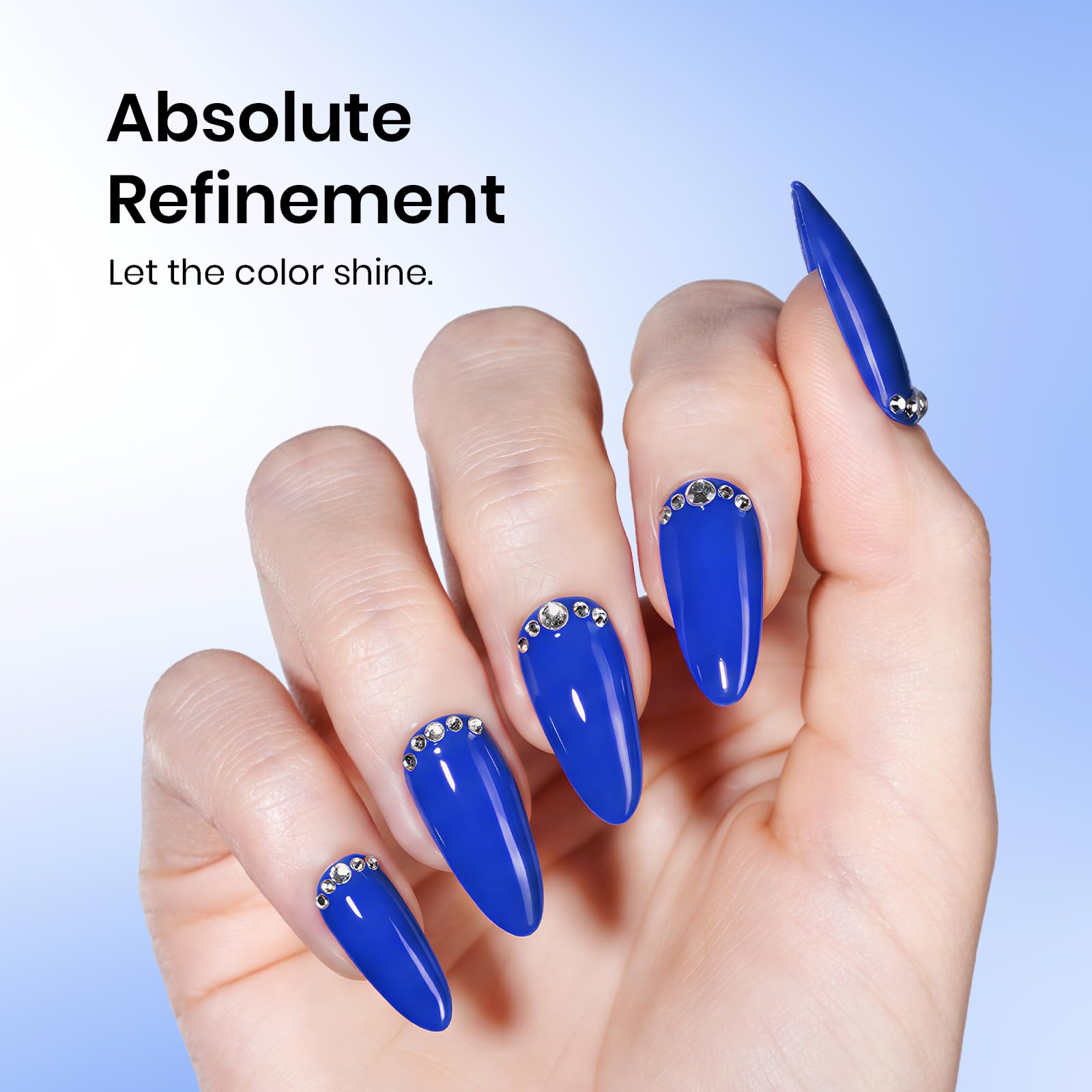 beetles blue gel polish swatch on nails showcasing glossy finished look