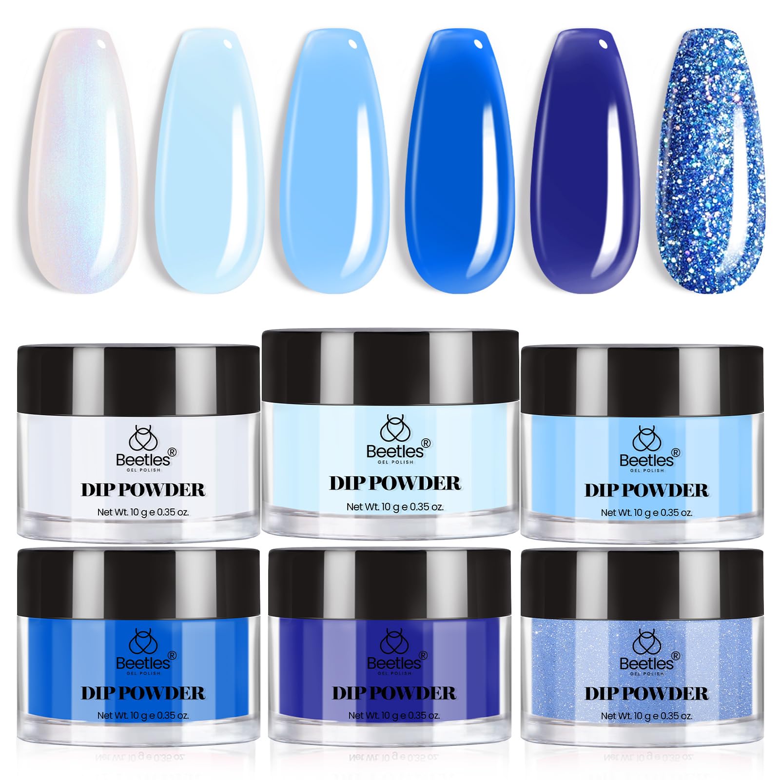 Beetles front packaging showing six blue dip powder jars and benefits