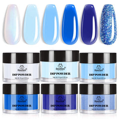 Beetles front packaging showing six blue dip powder jars and benefits