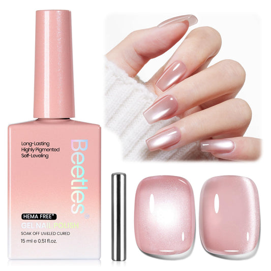 beetles Blushing Haze front bottle showing pink cat eye polish and glossy finish benefit