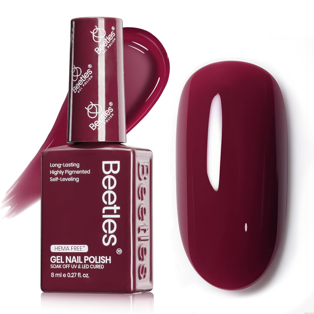 Beetles bottle front showing burgundy shade and easy shade selection benefit
