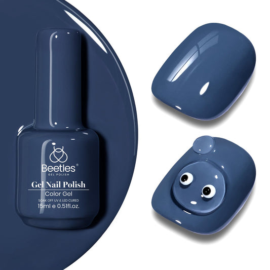 beetles bottle front showing grayish navy color and glossy finish benefit