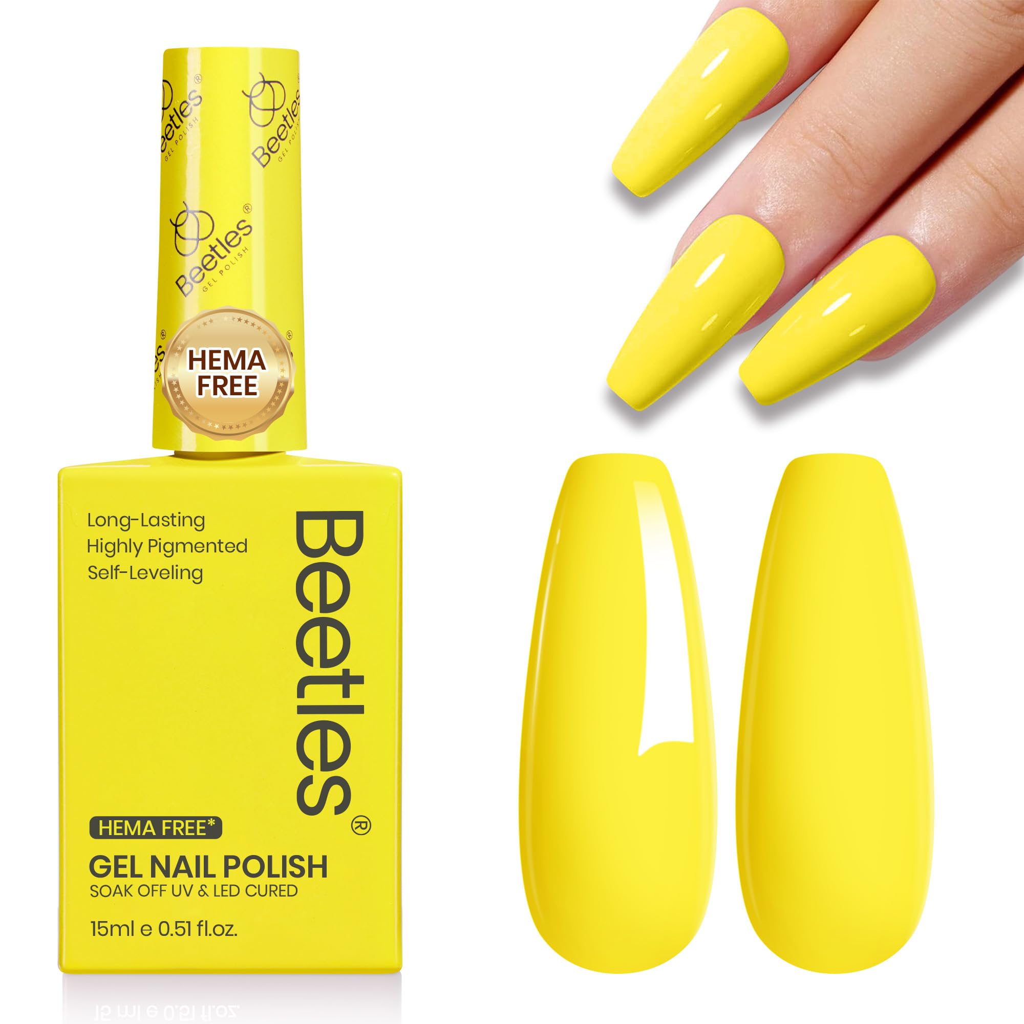 beetles bottle front Sunrise Glow showing bright yellow and glossy benefit
