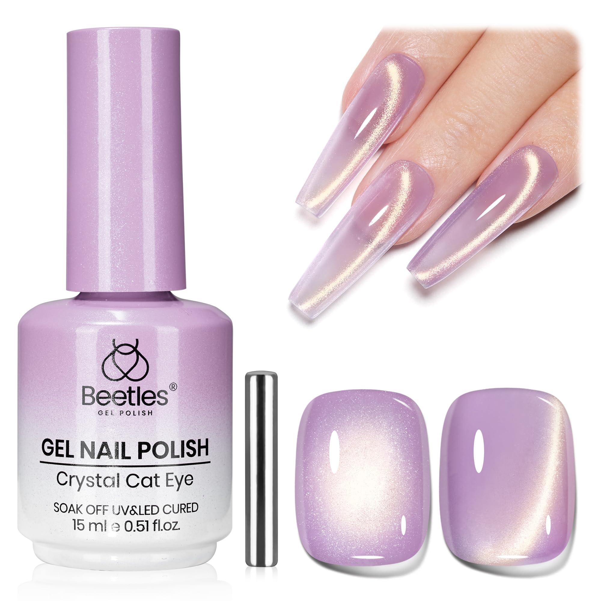 Beetles bottle front showing Twilight Dream purple cat eye shimmer for precise color