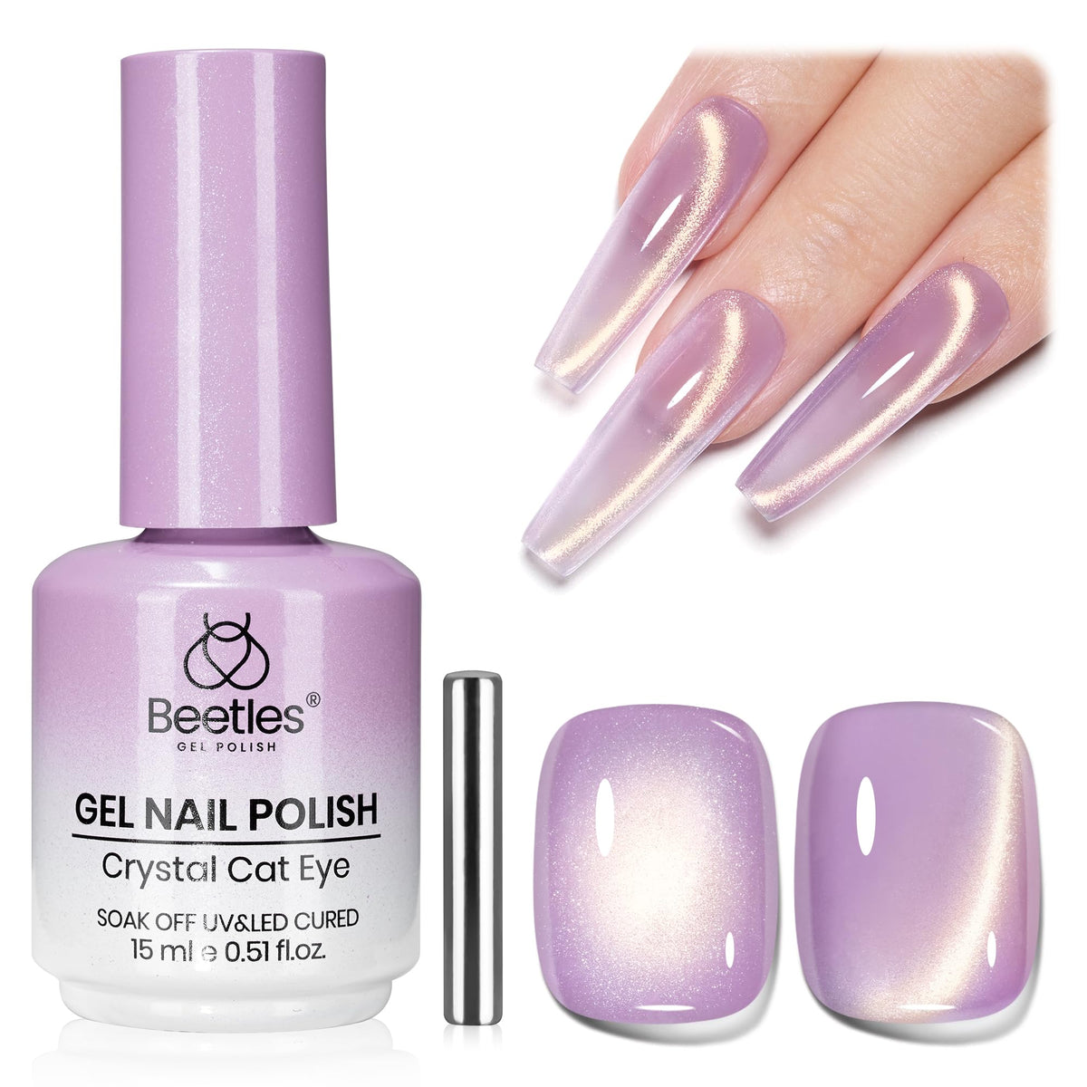 Beetles bottle front showing Twilight Dream purple cat eye shimmer for precise color
