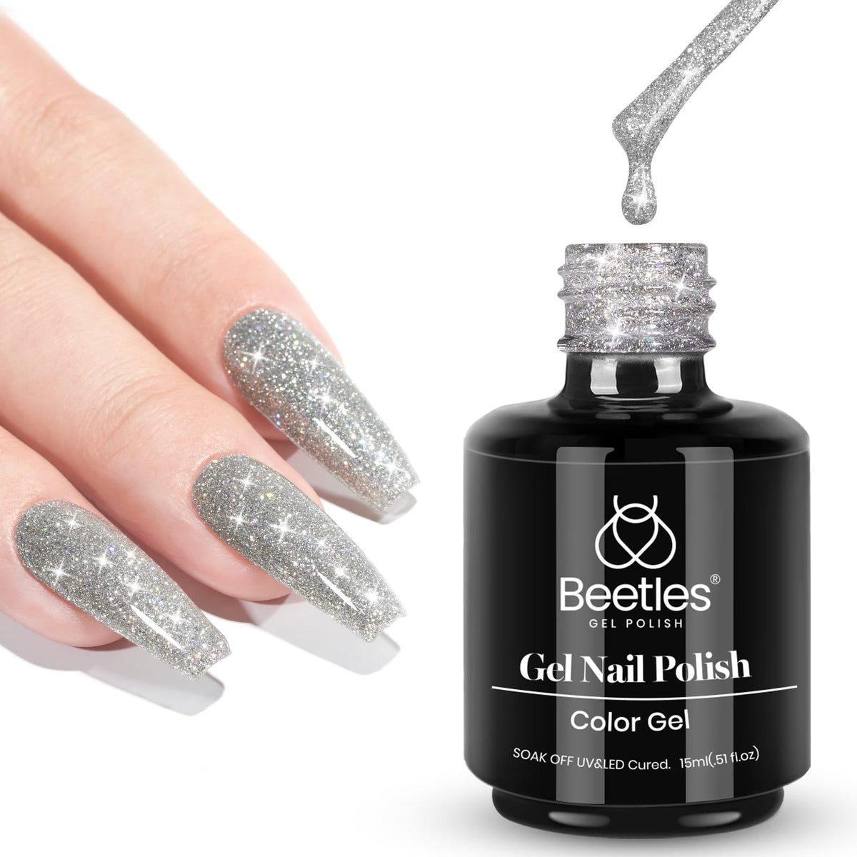 beetles bottle front showing silver gel polish and 15ml size, great for precise application