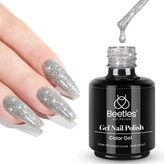 beetles bottle front showing silver gel polish and 15ml size, great for precise application