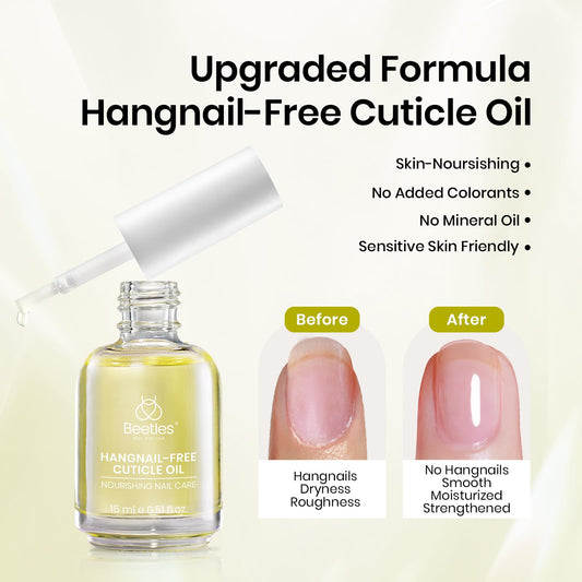 Beetles Gel Polish close-up of base, no-wipe top coat and cuticle oil bottles with labels