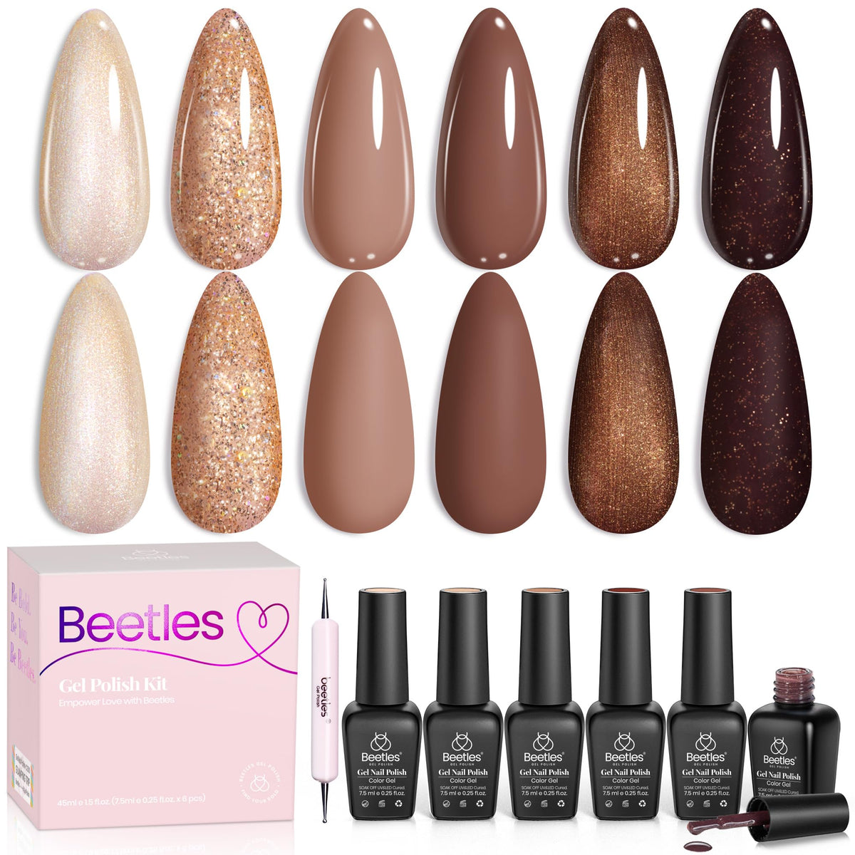 beetles front packaging showing six brown gel bottles and kit benefit: cohesive color set