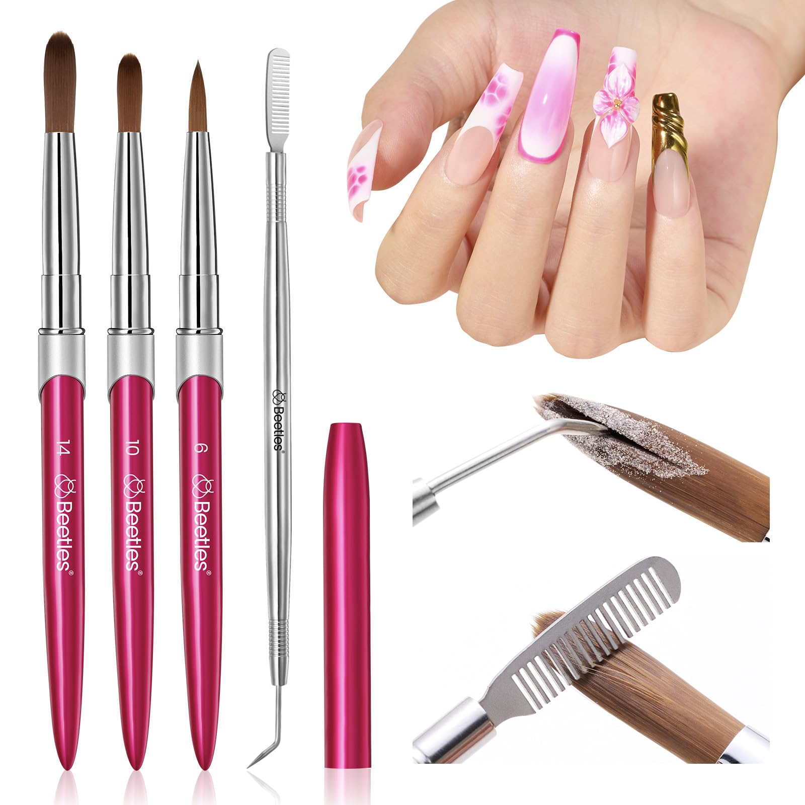 beetles brush set front view showing three sizes and rose-pink handles for precision