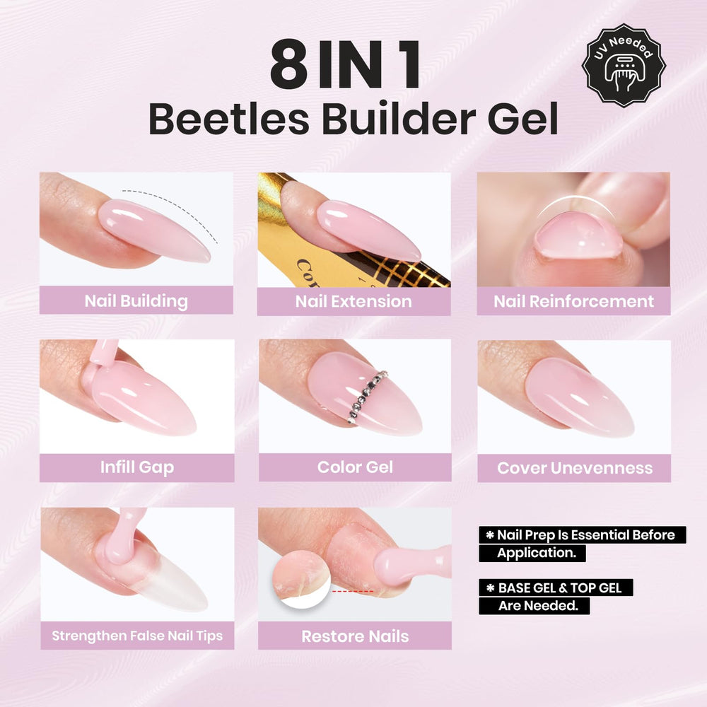 Beetles Builder Gel being applied to a nail tip showing reinforcement benefit