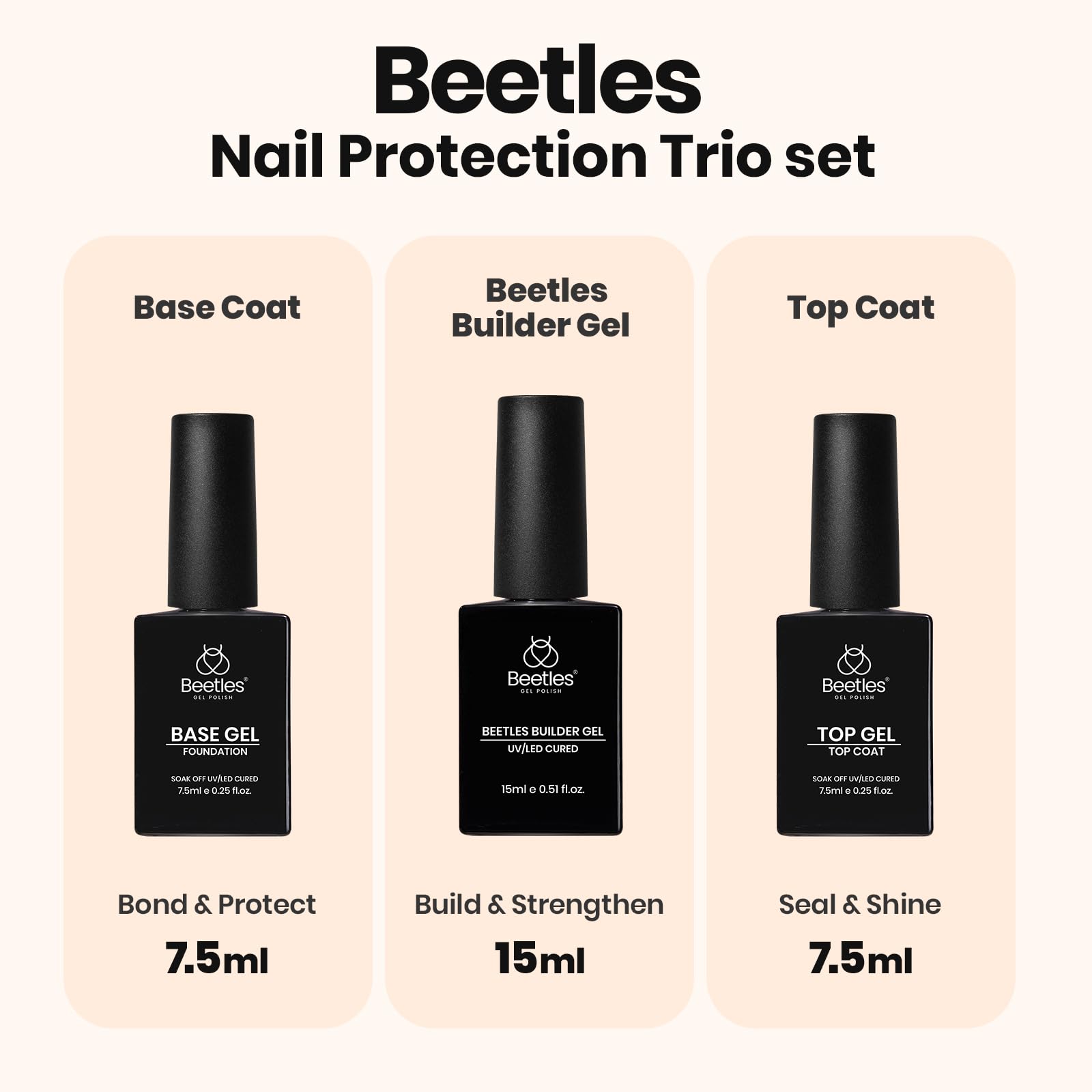beetles builder gel close-up of base and top coat bottles for easy application