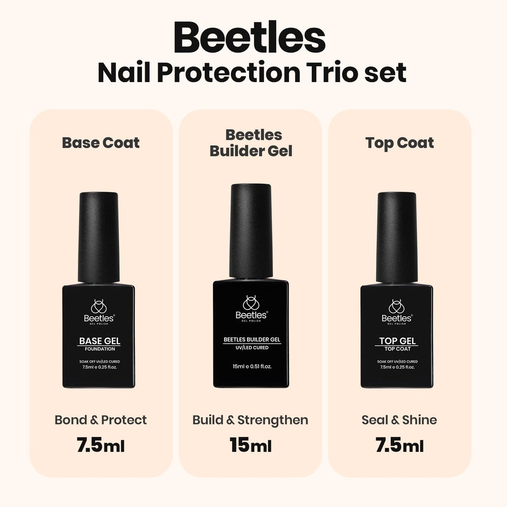 beetles builder gel close-up of base and top coat bottles for easy application