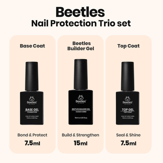 beetles builder gel close-up of base and top coat bottles for easy application