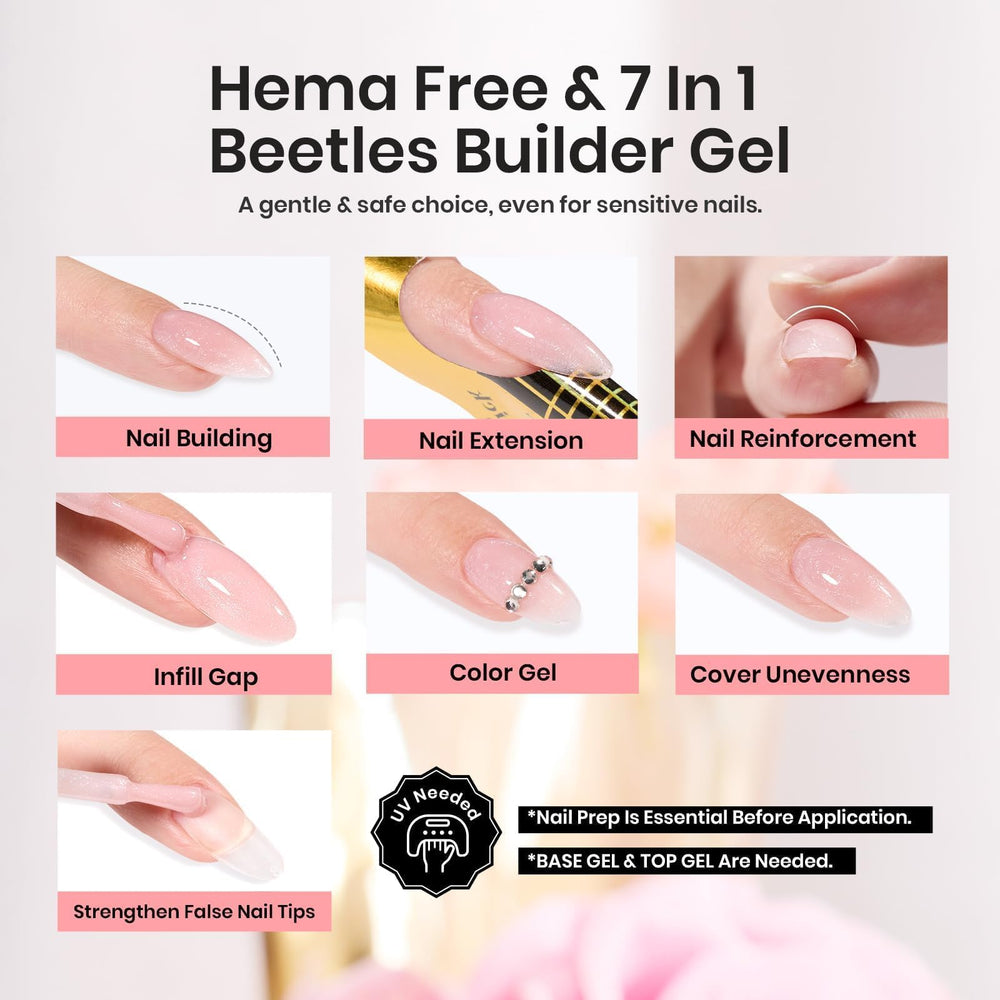 Cured Beetles Builder Gel on nail showing strong apex and glossy finish