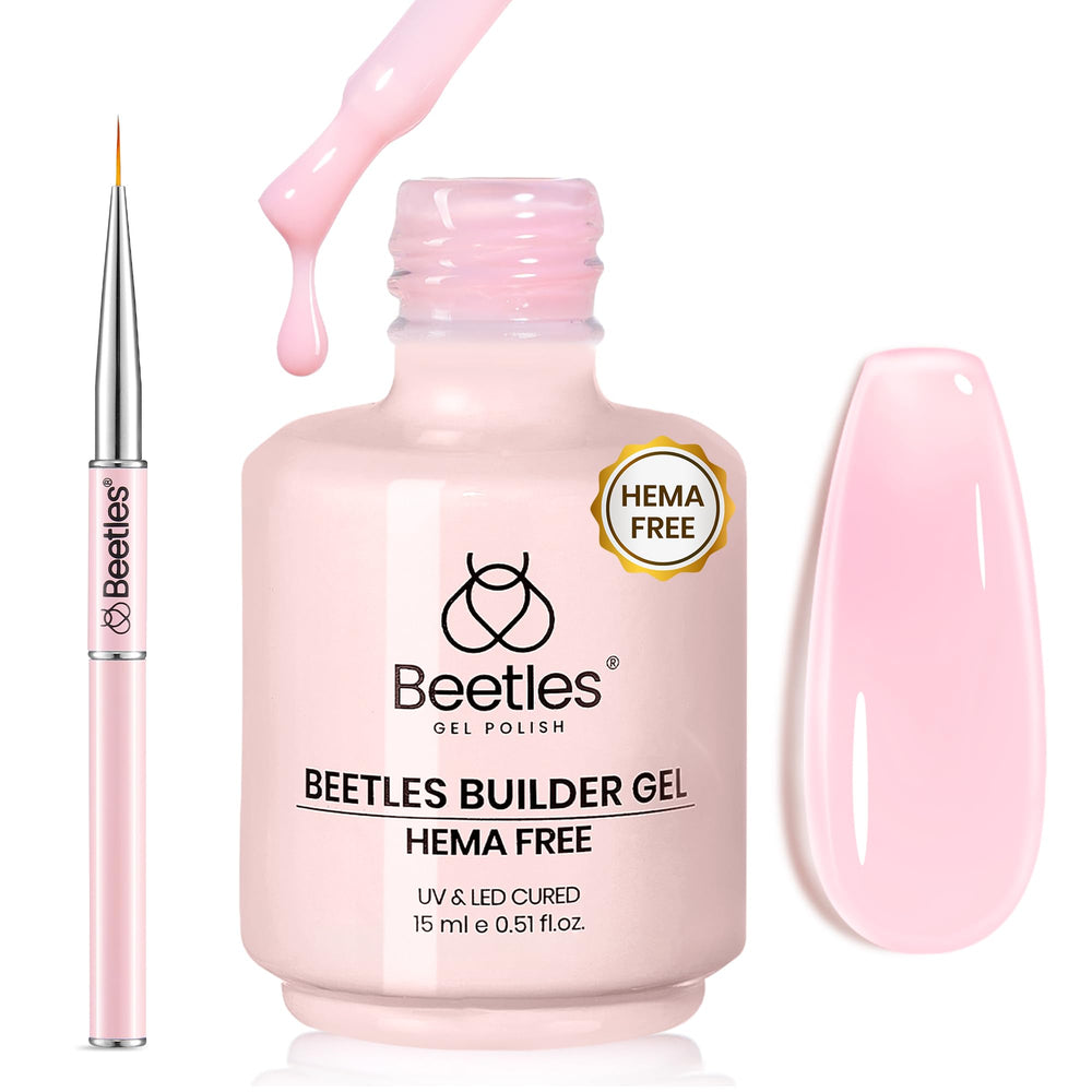 Beetles Gel Polish front bottle showing jelly pink label and cap, clear product identity and appeal