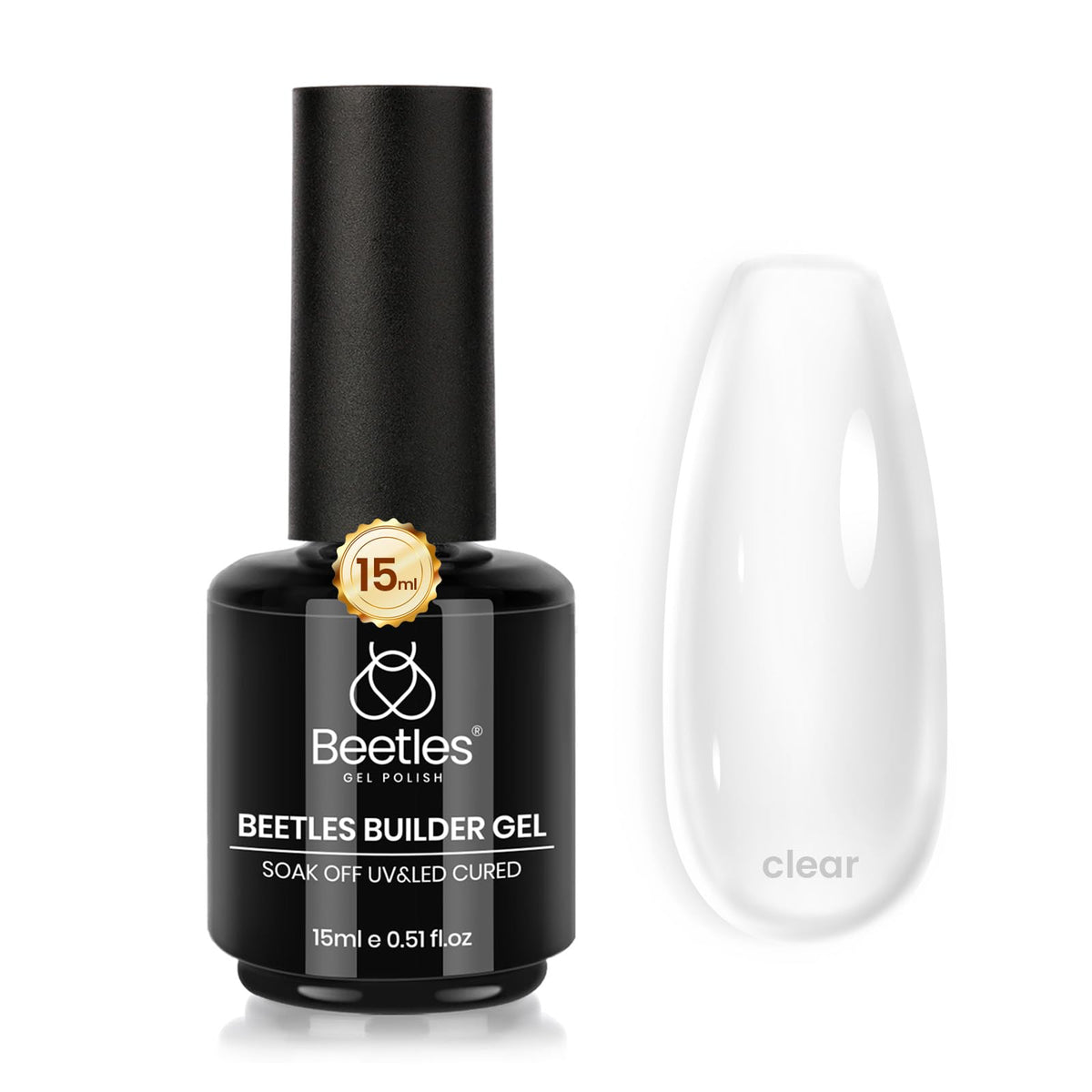Beetles builder gel bottle front view showing clear gel and easy identification for buyers