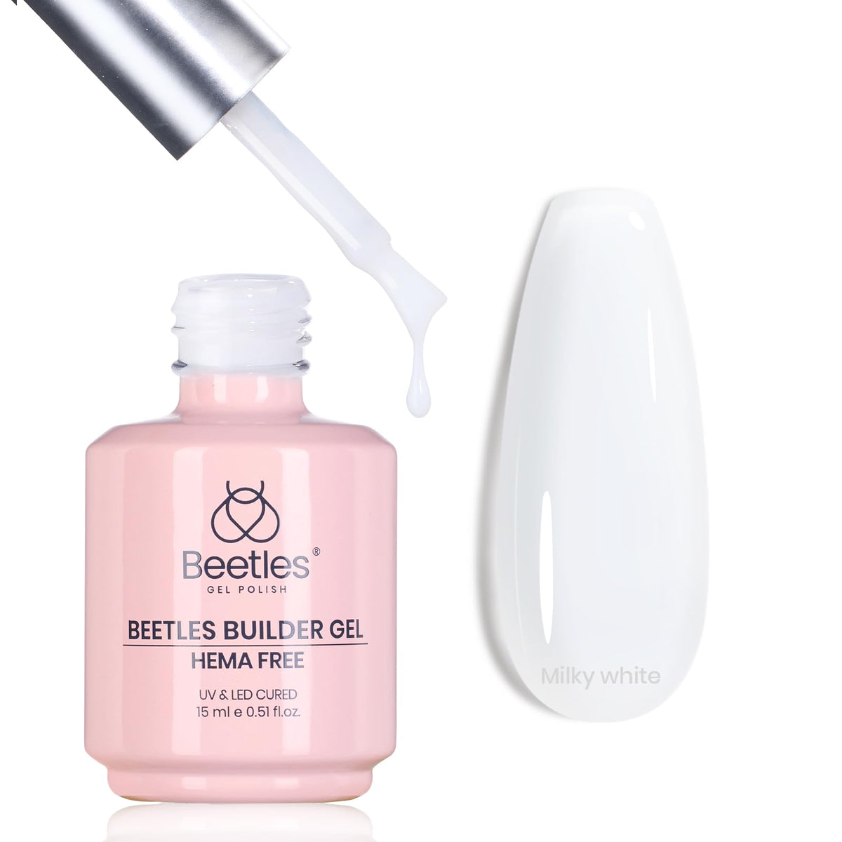 Beetles Gel Polish front bottle view showing milky white builder gel and label benefit of structural support
