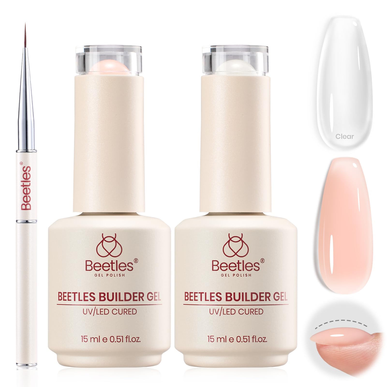 beetles Gel Polish front packaging showing both builder gel bottles and brush for easy selection