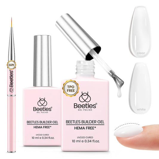 Beetles Gel Polish front packaging showing both clear and milky bottles for starter convenience