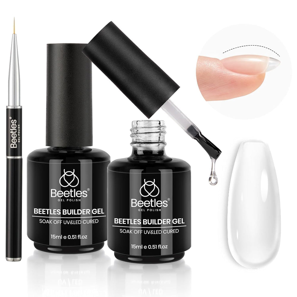 beetles builder gel front packaging showing two clear bottles and liner brush for easy sculpting