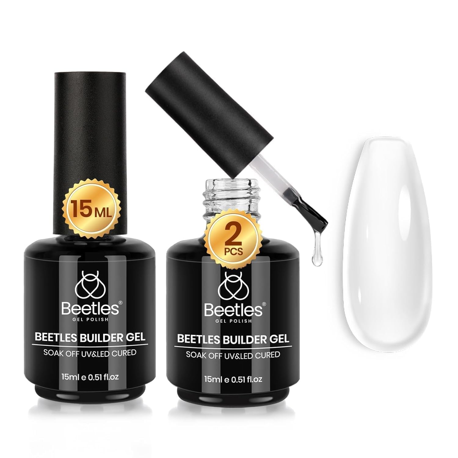 Beetles gel polish front packaging showing two clear builder gel bottles and benefits