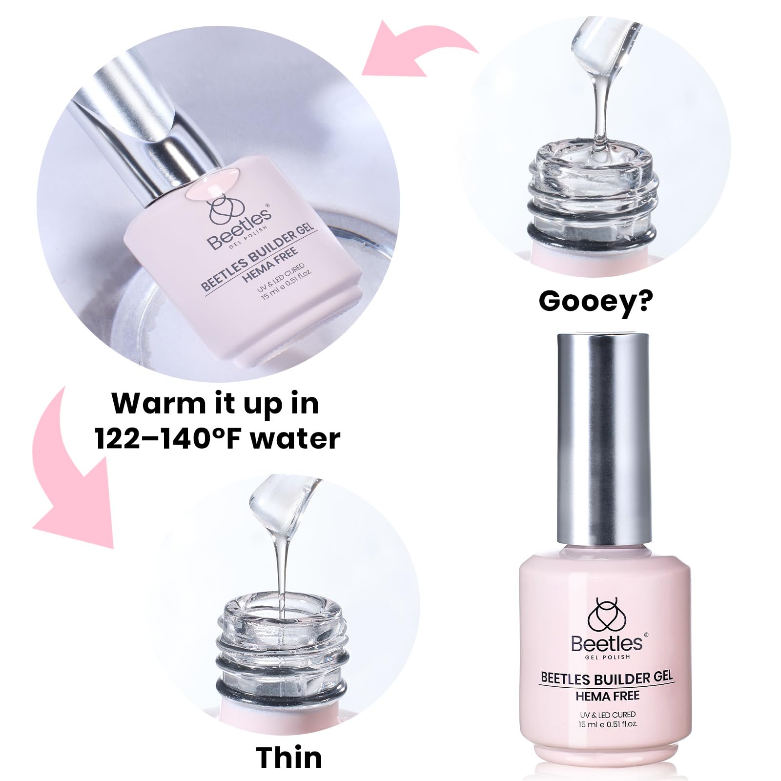 Beetles Gel Polish clear packaging label and ingredient area highlighting HEMA-free, low-odor formula