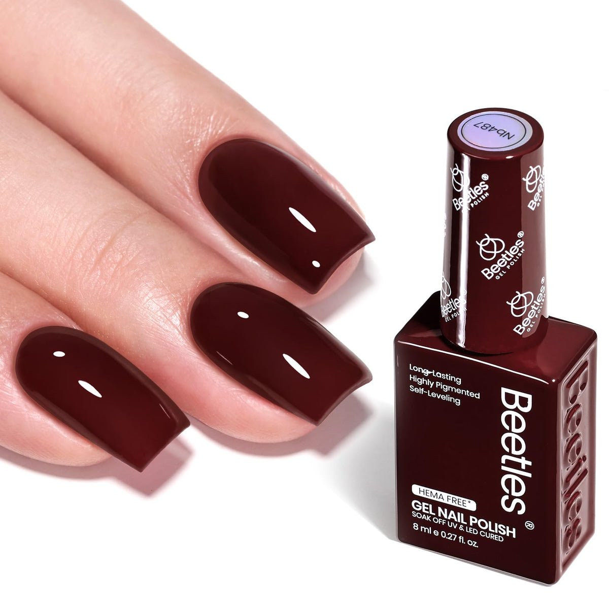 Beetles gel polish front bottle showing rich merlot color and brand polish benefit