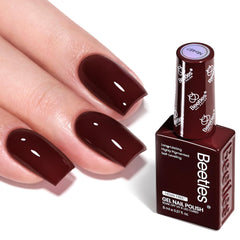 Beetles gel polish front bottle showing rich merlot color and brand polish benefit