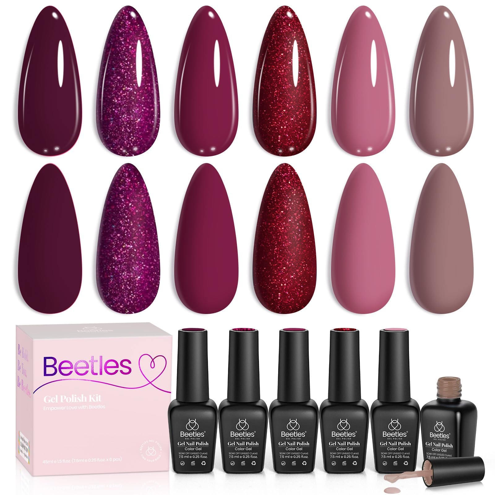 beetles Gel Polish front packaging showing six burgundy bottles and included shades for versatile manicures