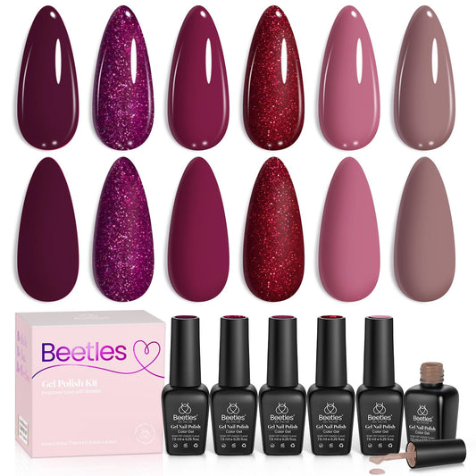 beetles Gel Polish front packaging showing six burgundy bottles and included shades for versatile manicures