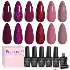 beetles Gel Polish front packaging showing six burgundy bottles and included shades for versatile manicures