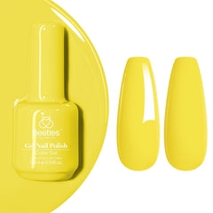 Beetles Gel Polish front bottle showing canary yellow label and color benefit